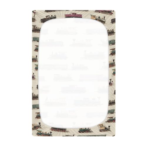 Image of Vintage Trains Beige Crib Sheets Soft Breathable Fitted Baby Crib Sheets Mattress Cover for Girls Boys, 52 inch x 28 inch x 9 inch