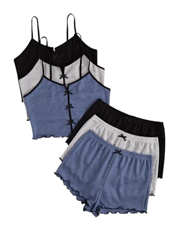 SOLY HUX Women's 3 Sets Pajamas Lounge Sets Cute Bow Front Crop Cami Tops and Shorts PJs Sleepwear