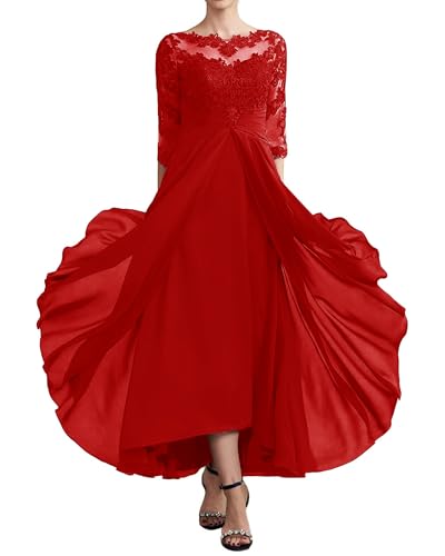 Image of GDJDIFK Chiffon Mother of The Bride Dresses - 3 /4 Sleeve Lace Applique Ruched Tea Length Formal Dress for Women Red