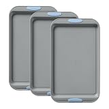 Pyrex 3-Piece Metal Cookie Sheet Bakeware Set, Lightweight Stainless Steel Baking Trays with Heatsafe Silicone Handles, Cookie Sheet Baking Pan, Cerulean