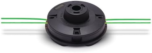 Top view of the Oregon Fixed Line Trimmer Head with two green trimmer lines extending horizontally from it.