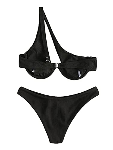 Lilosy Sexy Underwire Push Up Ribbed Cutout One Shoulder High Cut Leg Thong Brazilian Bikini Swimsuit Set Women Cheeky Bottom Bathing Suit 2 Two Piece Black Medium #TOP1