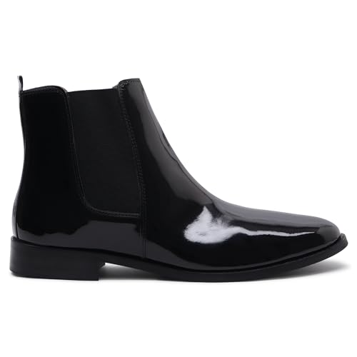 Image of LOZANO Italian Cut Black Patent Leather Chelsea Boots for Men | High Ankle Cuban Heel Square Toe Zip Closure Cushioned Insole Boot