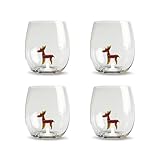 Gusto Buono Christmas World 17.8oz Borosilicate Stemless Wine Glass with Reindeer Design Inside - Set of 4 | Handmade, Heat-Resistant, Dishwasher/Microwave Safe | Perfect for Dining, Parties & Gifts