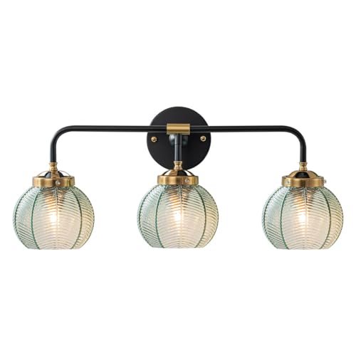 Image of 3 Light Bathroom Vanity Light Fixture, Modern Glass Globe Wall Sconce with Ribbed Green Shade, Vintage Wall Lamp for Over Mirror, Bedroom, Hallway, Living Room, 23.6x7.9 inches