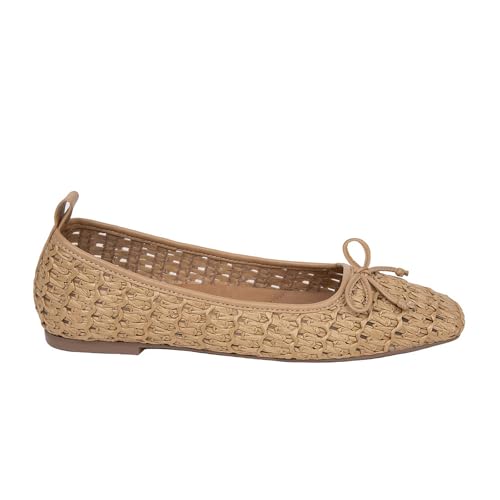 Mesh Raffia Ballet Flats for Women Mary Jane Flats Bows Woven Ballerina Brown Slip on Square Toe Dressy