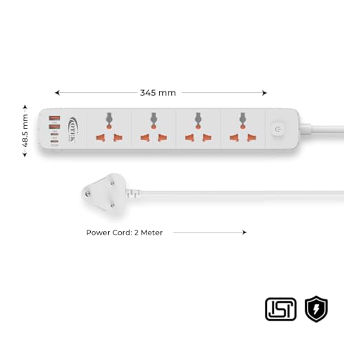 Image of OTEK Extension Board Power Strip 4 Universal Sockets 2 USB Type A 2 Type C Ports 2 Meter Cord 2500W 10A Surge Protector Fire Resistant ABS Body White for Home Office