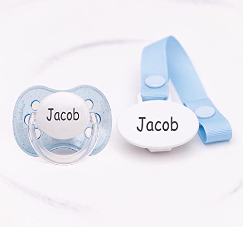 Personalized Pacifier Clip with Name, 0-6 Months and 6-18 Months, Engraved Pacifier, Blue Glitter (6-18 Months)