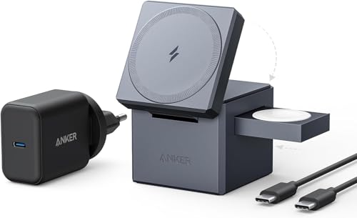 MagSafe-laddare, Anker 3-i-1 Cube med MagSafe, 15 W max. snabbladdning hopfällbar trådlös laddare, för iPhone 16/15/14-serien, Apple Watch-serien 1-8/Ultra, AirPods Pro/3/2 (30 W USB-C-laddare ingår)