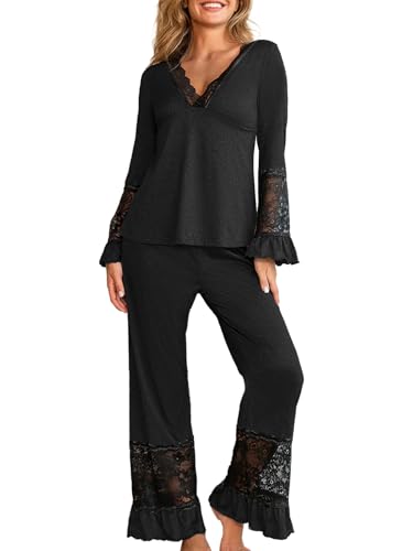 crazy bean Pijama Mujer Manga Larga con Encaje Conjunto de Pijama Largo de Volantes Camiseta y Pantalones Dos Piezas Suave Elegante para Otoño Primavera Negro XL
