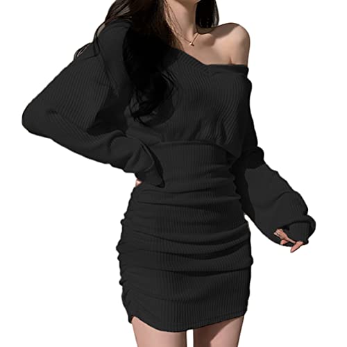 [Ｍｉｎｅｓａｍ] ミニワンピース レディース 肩出し Vネック タイトワンピース セクシー ボディコン おしゃれ カシュクール (ブラック,S)