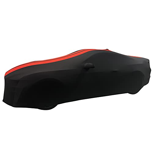 Image of SR1 Performance USA Mustang Indoor Car Cover 2005-2024 - Ultraguard Stretch Satin Custom Fit, Dust Cover, Breathable Scratch-Resistant Sport Series Stripe (Black /Red)