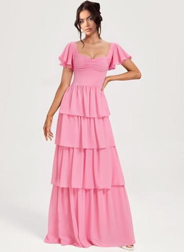 Dessiny Short Sleeve Tiered Ruffles Bridesmaid Dresses 2025 for Women Chiffon Formal Evening Dresses with Ruffles DE4424
