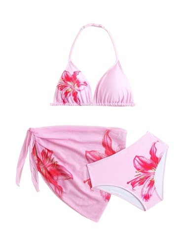 Image of SHENHE Girl's 3 Piece Swimsuits Cute Halter Triangle Bikini Bathing Suit with Beach Cover Up