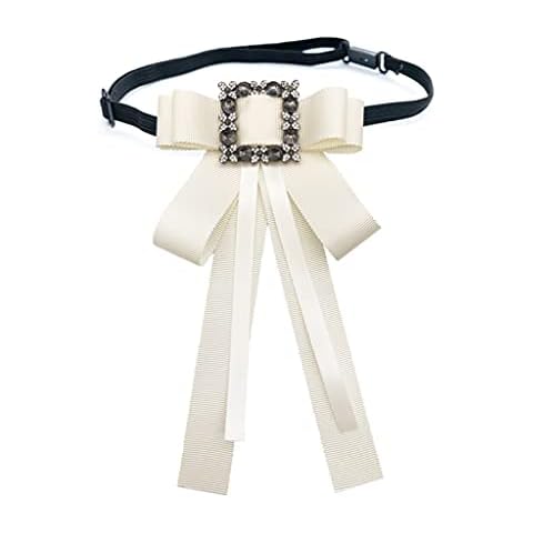 Gereiny Women Rhinestone Buckle Bow Tie Brooch Jewelry Shirt Collar Pin Ribbon Bowknot White straps Cover