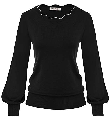 GRACE KARIN Damen Vintage Pullover Wellig Ausschnitt Laternenärmel Schwarz...