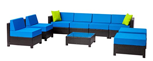 MCombo 9PC Outdoor Garden Patio Rattan Wicker Furniture Sectional Aluminum Frame Sofa (Blue)