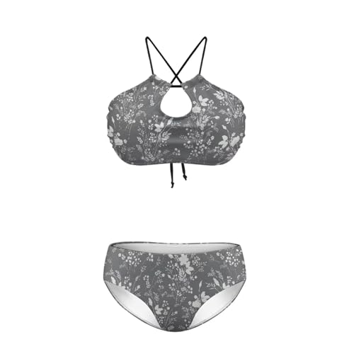 Brosoneto Two Piece Gray Floral Prints Bikini Set Sexy Swimsuit Cheeky Bathing Suits Strappy Swimwear Back Tie Bikini Sexy Swimwear for Women Fit