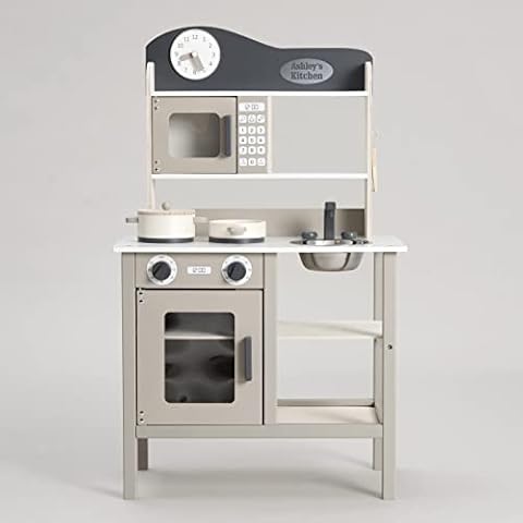 Kidoz Essential Personalised Toy Kitchen, Wooden Play Kitchen With Realistic Oven, Microwave and Sink With Taps, Warm Grey Role Play Kitchen Playset With Your Chosen Name (Silver Vinyl) Cover