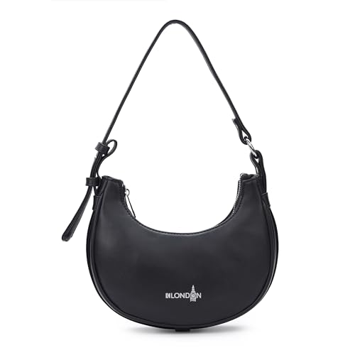 Image of K London Women's Vegan Leather Half Moon Bag | Stylish Black Shoulder Hobo | Compact Baguette Purse for Office, Casual, Party & Travel Use
