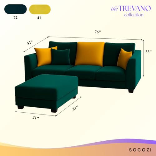Image of SOCOZI Trevano 4 Seater L Shape Sofa Set with Movable Ottoman | Flexible Left or Right Layout | Soft Velvet Suede Fabric | Modern Design | Plush Comfort Cushions for Living Room (Teal Green-Yellow)