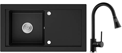 Granitspüle Schwarz 89 x 49,5 cm, Spülbecken + Küchenarmatur + Siphon Klassisch, Küchenspüle ab 60er Unterschrank, Einbauspüle von Primagran