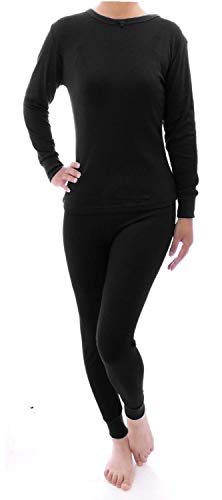 Therma Tek Women's 100% Cotton Light Weight Waffle Knit Thermal Top & Bottom Long John Underwear Set, Black, XL
