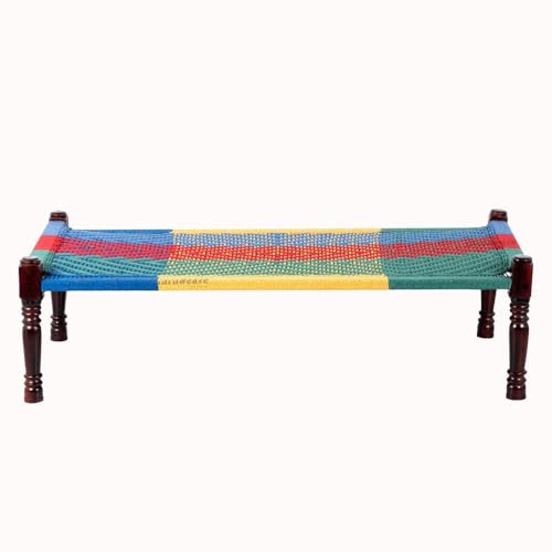 Image of Solid Sheesham Wood Charpai Khat | Handcrafted Daybed Khatiya Charpai with Cotton Rope | Traditional Khat Bed Wooden Diwan Cot for Living Room | 6X3 Feet | Colorful 004 (Blue-Multi)