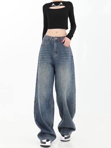 Women's Y2K Street Fashion Baggy Jeans Red Pocket High Waist Wide Leg Denim Pants2