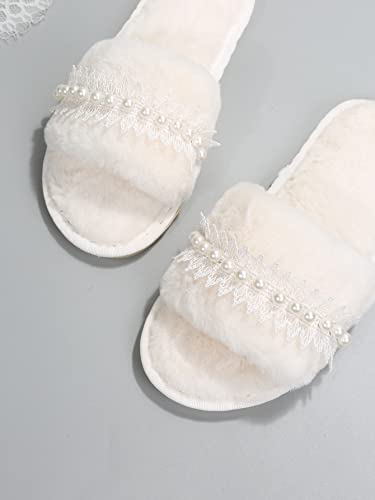 Verdusa Women's Pearls Open Toe Fuzzy House Slippers Faux Fur Bedroom Shoes4
