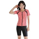 [RAVIR] 【ラヴィール】フィットネス 水着 レディース 体型カバー 2点セット トップス ラグランフロントジップ 半袖 めくれ防止ボタン パンツ セパレート レッド Mサイズ