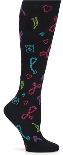 Nurse Mates Women's Calf Socks | 12-14 mmHg Compression | Superior Support & Comfort | 1 Pair | Medical Symbols Black