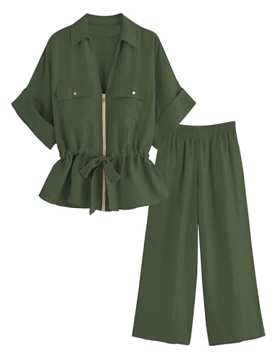 Mingzhu Women's 2 Piece Linen Outfits Short Sleeve Zipper Drawstring
