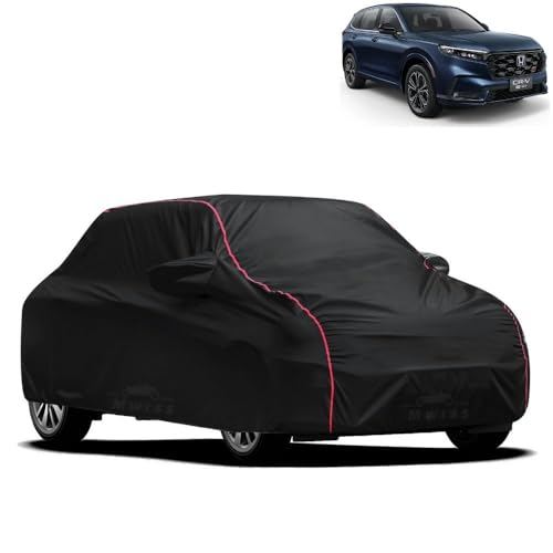 Image of Waterproof Car Cover for Honda CRV | All-Weather Protection, Dustproof & UV Resistant | Triple Stitched Mirror Pockets, Windproof Buckle Strap with Elastic Hem, Black-Red Piping