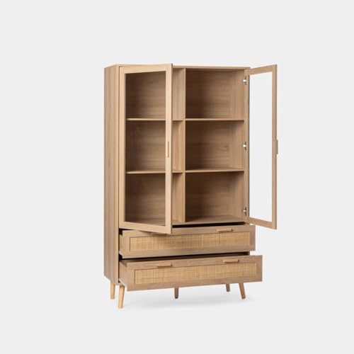 KLAST Vitrina en Madera y ratán Natural con Dos Puertas acristaladas, Tres estantes y Dos cajones para Almacenamiento. Medidas: 100 cm x 170 cm - imagen 9