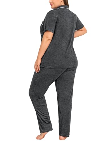 Image of SWOMOG Women's Plus Size Pajama Set Short Sleeve Sleepwear Top and Pants Button Up Pajamas for Women Loungewear