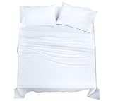 ROYALE LINENS 100% Organic Cotton Queen Sheet Set - Percale Weave - 4 Pieces Set - 1 Flat, 1 Deep Pocket Fitted Sheet and 2 Pillowcases - White Bed Sheets - Sábanas Queen - Crisp Cool (White)