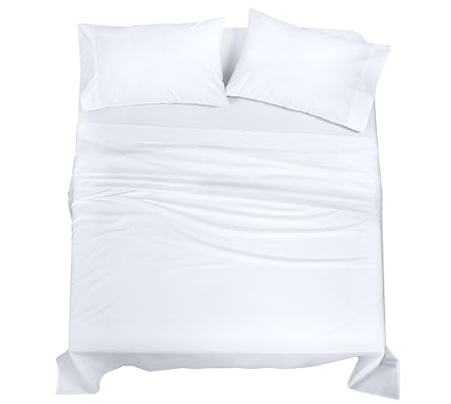 Image of ROYALE LINENS 100% Organic Cotton Queen Sheet Set - Percale Weave - 4 Pieces Set - 1 Flat, 1 Deep Pocket Fitted Sheet and 2 Pillowcases - White Bed Sheets - Sabanas Queen - Crisp Cool (White)