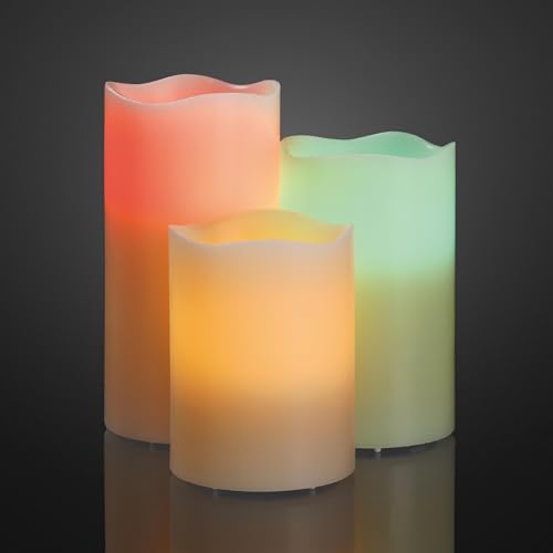 hellum LED Kerzen 3er Set RGB indoor, LED Kerzen mit Timerfunktion, mit Fernbedienung, batteriebetrieben 9xAAA (nicht inkl.) in verschiedenen Größen 10/12,5/15x7,5cm (HxØ) 152678 hellum LED Kerzen 3er Set RGB indoor, LED Kerzen mit Timerfunktion, mit Fernbedienung, batteriebetrieben 9xAAA (nicht inkl.) in verschiedenen Größen 10/12,5/15x7,5cm (HxØ) 152678