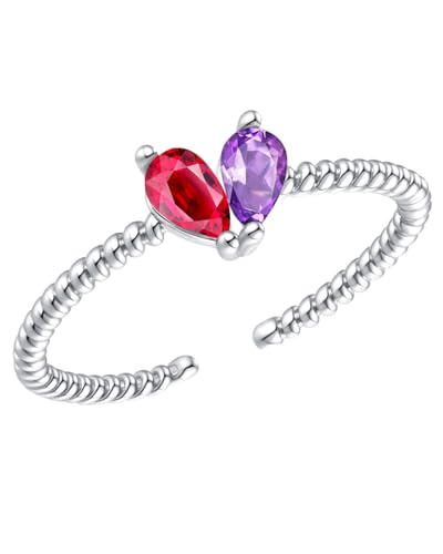 Generisch Custom Tiny Heart Birthstone Adjustable Ring, Personalized Love Heart Birthstone Rings for Daughter Mom, Dainty Stacking Mother Ring Daughter Rings, for Mom Wife Grandma (Silver)