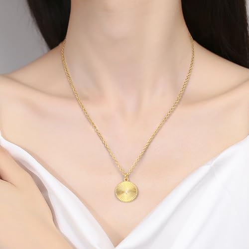 14K Gold Necklaces for Women Gold Pendant Necklace Circle Round Pendant Necklace Bold Round Disc with a Center Cubic Zirconia and Sunray Engravings Dainty Disc Necklaces for Women Trendy4