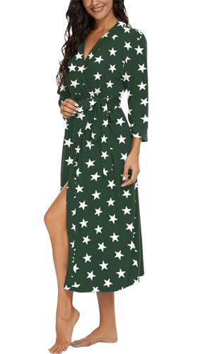 Image of VINTATRE Robes for Women Long Knit Bathrobe XS-4XL | 3 /4 Sleeve Bathrobes with Pockets, Stretchy and Lightweight Fabric, Inner Tie and Fixed Outer Belt, Mid Calf Length