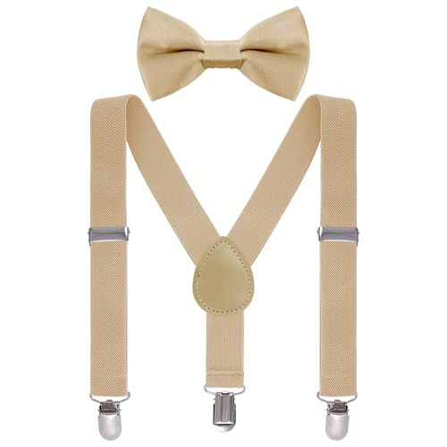 Kid Suspender Bow Tie Set Elastic Band Clip Suspender Vintage Outfit for Wedding Birthday Party (Khaki)
