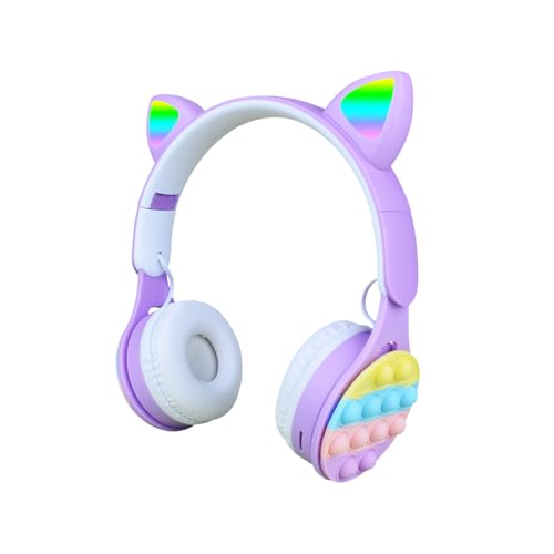 URIZONS Auriculares Bluetooth Rainbow Pop On-It inalámbricos de Orejas de Gato – Auriculares inalámbricos con iluminación LED, Plegables TWS Stereo Headset (Orejas Luminosas) (Purple)