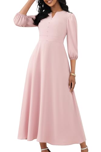 Image of FANDEE Maxi Dress for Women Casual 3 /4 Sleeve V Neck Semi Formal Fit and Flare Dress Classy High Waist Wedding Guest Dresses
