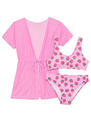 Kids Girls 3 Pcs Swimsuits Sun Protective Swim Kimono Strawberry Bikini Top with Brief