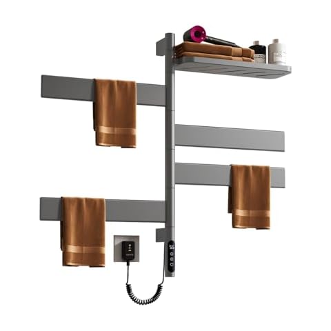 KUKKUME Swivel Heated Towel Rack Electric Towel Warmer with Tray 4 Square Bars Towel Warmer 115—155℉ with 1H-9H Hour Timer，LED Indicator for Home Bathroom, Salons and Spas (Gray) Cover