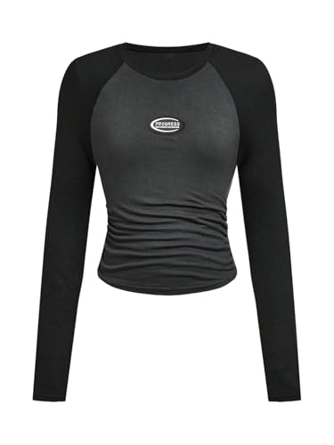 Floerns Girl's Y2k Color Block T Shirts Ruched Crew Neck Long Sleeve Slim Fit Tee Tops