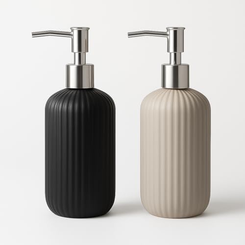 Image of LAGET 300ml Soap Dispenser for Wash Basin -Ribbed Design | Kitchen and Bathroom Accessories Items | Liquid Handwash Dispenser Bottle Chrome Finsih Top- Set of 2 (Black and Grey)