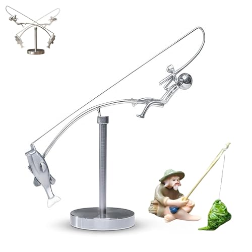 Fisherman Balancing Sculpture Kinetic Art Toy - Metal Balancing Fisherman Science Gadget with Bonus Mini Figurine Unique Office Desk Decor Fishing Gifts for Men
